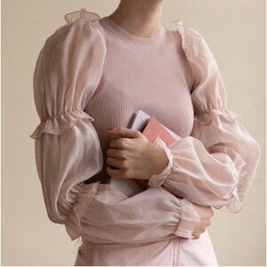 Zara Dusty Rose Pale Pink Ribbed Organza Knit top Size Large